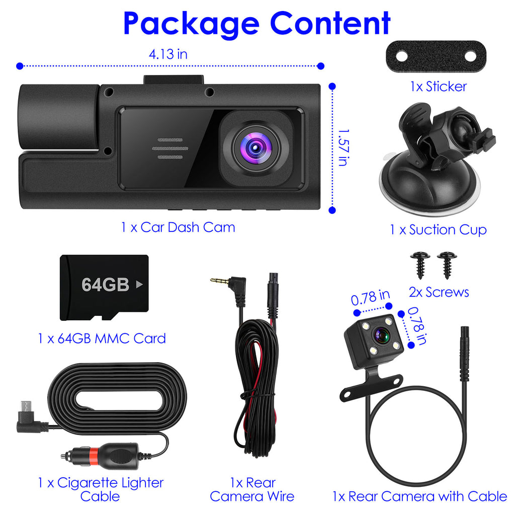 1Pc WiFi FHD 1080P Car Dash Cam 3 Channels Front Rear Inside Dash Camera With Loop Recording Reversing Visual 170 Degree Wide Angle 64G Card Included