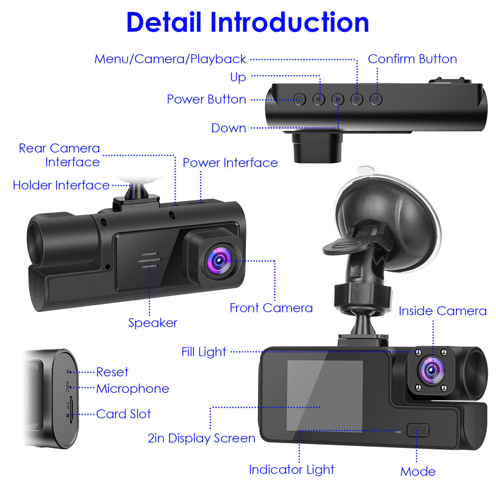 1Pc WiFi FHD 1080P Car Dash Cam 3 Channels Front Rear Inside Dash Camera With Loop Recording Reversing Visual 170 Degree Wide Angle 64G Card Included